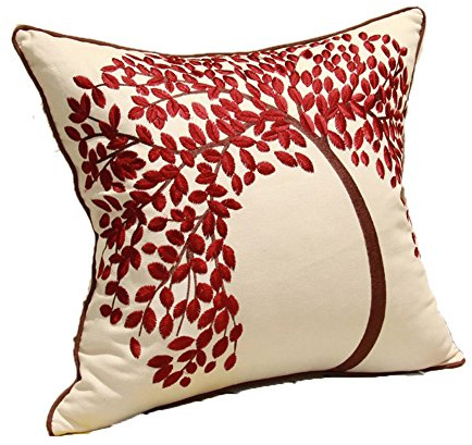 Housse de coussin en lin et coton brodé Zuodu - Housse de coussin 45 cm x 45 cm - Motif arbre de vie rouge avec cadre