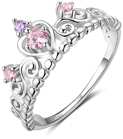 SQKXKLCZ 925 Sterling Silver Princess Heart Crown Pink & Purple CZ Band Ring, Size 8