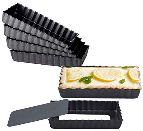 Mini Tart Pans with Removable Bottom, 4 Inch Rectangular Tart Mold Set of 6, Mini Pie Pans Quiche Pans for Baking Tartlet, Black