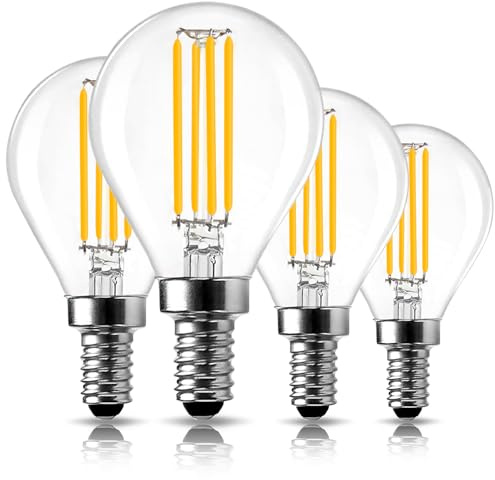 LangPlus+ E14 LED Dimmbar Glühbirne Klein 4W Birne Warmweiß 2700K, 4 Stück | 40 Äquivalent, LED Filament Glühlampen Warmweiß 2700K Leuchtmittel, Golfball G45 Birne, Mini Globe lampe für Pendelleuchten
