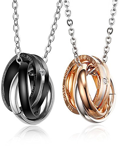 Kim Johanson Pärchen Halsketten *Forever With You* für verliebte aus Edelstahl mit jeweils drei Ringen und Gravur Schmuckset inkl. Schmuckbeutel