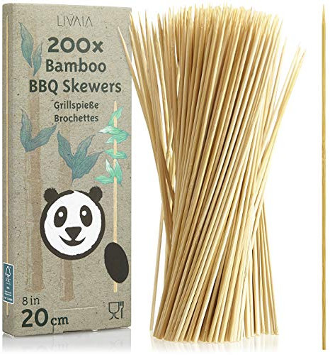 LIVAIA Spiedini per Barbecue in Legno: 200x Premium bambù spiedini Extra Lunghi per Grigliare, Versatili spiedini in Legno per Il Fai da Te, Asta di Legno da 20 cm
