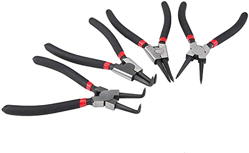 Juego de 4 alicates para anillos elásticos 7 pulgadas (180 mm), aptos uso interno y externo, con ergonómico antideslizante acero cromovanadio niquelado