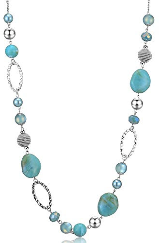 BULINLIN Beaded Long Necklace for Women Silver Sweater Chain Necklace with Crystal Resin Beads, Fashion Jewelry Necklace(Turquoise)