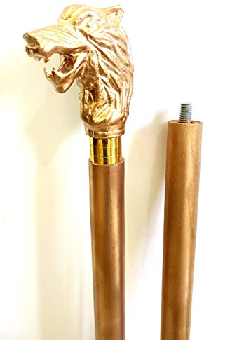 Gehstock aus Holz, handgefertigt, antikes Aluminium, Wolfskopf, Griff, Schaft aus Holz, goldfarben