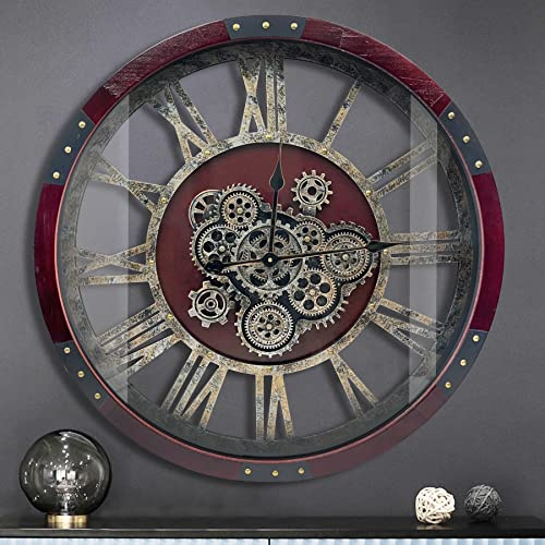 DORBOKER Real Moving Gears Wall Clock, Large Wall Clock for Living Room Kitchen (Cherry Red - Bronze Gears, 60cm / 24 inch)