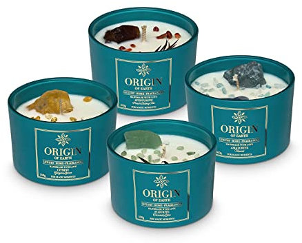 ORIGIN OF EARTH Duftkerzen im Glas (4erSet) 400g, Collection HAWAII, Kerzen mit Kristallen und Edelstein, Natürliche Sojawachskerze, 60 Stunden Brenndauer, mit sommerlich-exotischen Düften