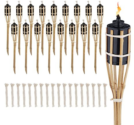 Relaxdays Fiaccole da Esterno, Alte 50 cm, Set da 18 Torce Olio in bambù per Giardino Illuminazione Outdoor, Color Legno