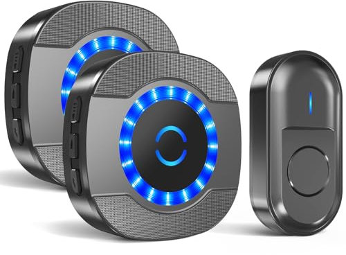 Wireless Doorbell, Waterproof Wall Door Entry Bell Cordless Door Chime Kit with 2 Plug-in Receivers at 1,000feet / 300m Range, 55 Chimes, 5-Level Volume, LED Light