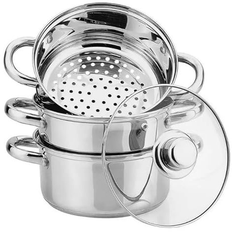 Luckyberg Mantowarka/Dampfkocher 3,1L | Kochgeschirr mit Glasdeckel auf Edelstahl, Dampfgarer, Biodampfkocher, 4 Teilen