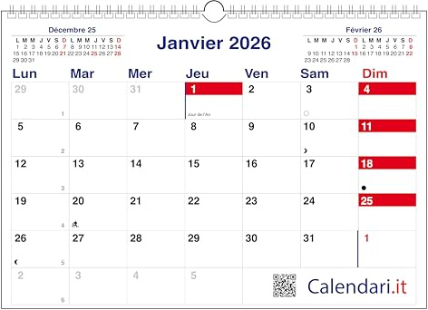 Calendrier 2026 mural CASELLE HORIZONTAL planning mensuel idéal pour notes et notes - A3-42 x 30 cm