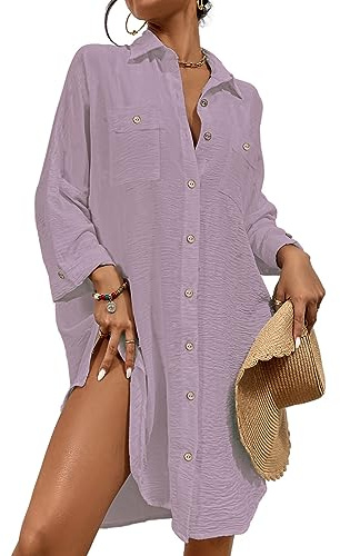 Bsubseach Bikiniöverdrag för damer, kort strandklänning, avslappnad långärmad blus, pareo, XL