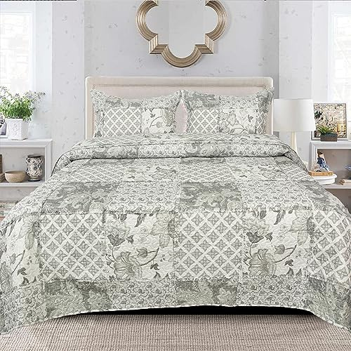 Rugs Inn Patchwork Floral Bedspread Quilted Cotton Bed Throw Classical Vintage Look Reversible Double Bed Throw Lightweight Quilt Coverlet MONOCHROME GEO (Des 2)