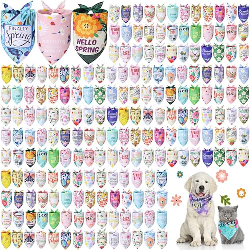 Kacctyen 200 Pcs Dog Bandana Bulk for Groomers Spring Summer Triangle Bandana with Flowers Patterns Soft and Adjustable Holiday Kerchief Scarf for Small Medium Large Dogs Cats Pets Grooming