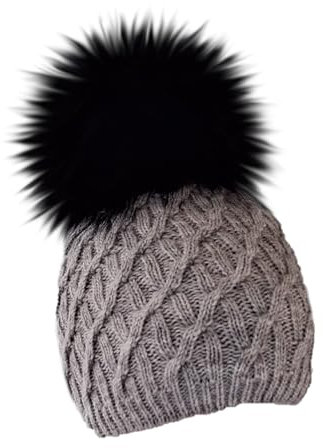 MERRYLAND Mütze Grau Echtfellbommel Pudelmütze ECHTFELL Bommelmütze Black Hat Real Fur Beanie Handmade Fellbommel Echt Fell Strickmütze Fellmütze Bommel Pelzbommel Pelz