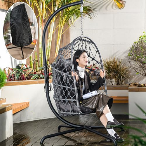 LKINBO Polyrattan Hängesessel mit Gestell Outdoor Indoor, Korb Hängestuhl Rattan Hanging Chair Wetterfest Hängeschaukel Gartenschaukel bis 195 kg, Dunkelgrau