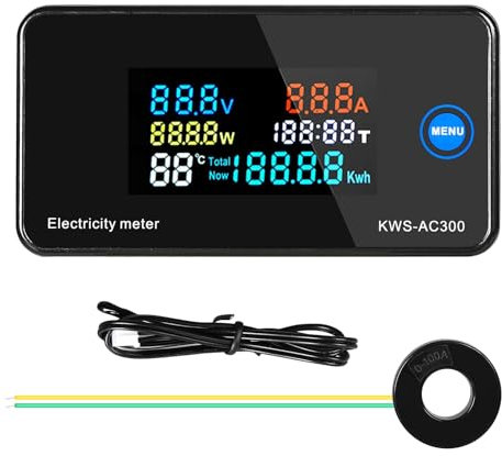 DEWIN Compteur d'énergie, Compteur Electrique 0-100A Voltmètre Ampèremètre Wattmètre Compteur d'électricité numérique AC 50-300V avec Transformateur de Type Fermé et Capteur de Température