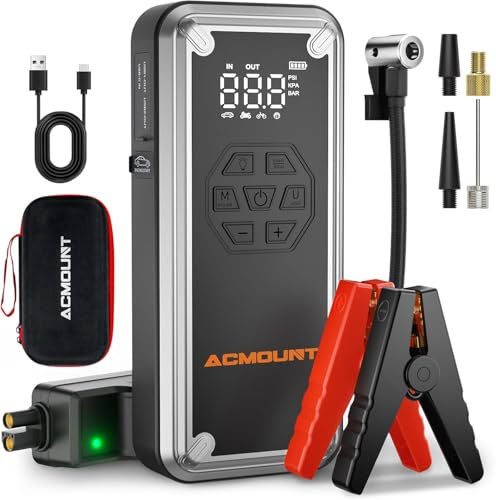 Starthilfe Power Pack mit Luftkompressor 150PSI, Acmount 6000A 12V Autobatterie Booster Starthilfe (bis zu ALL Gas/12L Diesel), Autostarter Powerbank mit Kabeln, Not-LED-Licht