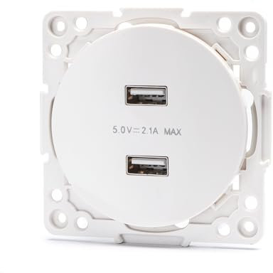 Dubbelt stycke för USB-uttag med tysk/fransk konfiguration, vit finish, perfekt för elinstallationer som kräver internationell tillgänglighet på USB-enheter.