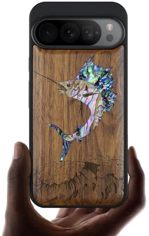 Carveit Coque pour Pixel 9 Pro Étui en Bois [Gravure en Bois et Incrustation de Coquille] Antichoc Bumper Case Compatible avec Google Pixel 9 Pro Coque (Noyer-Marlin en Plein essor)