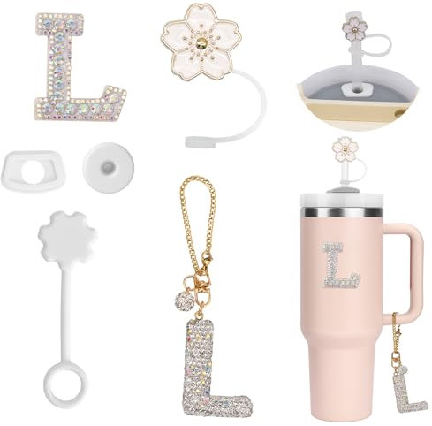 6PCS Personalisierte Tumbler Zubehör für Stanley Cup,Stroh Cover,Initialen Dekorationen für Tumbler,Buchstaben Aufkleber,Buchstaben Charm und Leck Stopper für Stanley Cup (L)