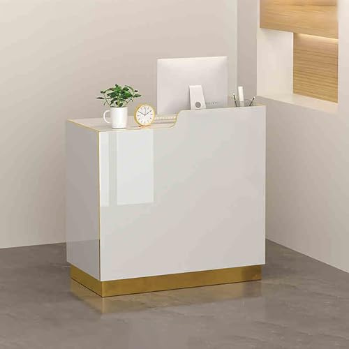 Bancone Della Reception Semplice E Moderno,Piccolo Bancone Della Reception,Banco Reception Ufficio,con Cassetto Chiudibile A Chiave,Bancone Vendita,per Ufficio Negozi Di Abbigliamento.(White gold,80.1