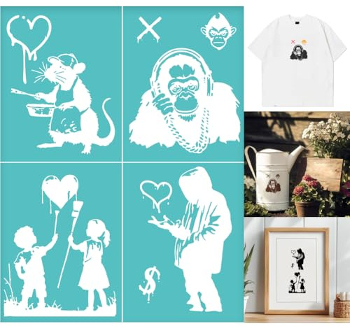 GOMAKERER 2 Stück Banksy Schablone Für Siebdruck. Wiederverwendbare Selbstklebende Siebdruckschablone Mit Banksy Mann Muster Mesh Transfer Schablone Für Wandbordüren Holz Stoff Heim Basteln Dekor