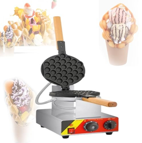 Commercial Bubble Waffle Maker, 1000W Egg Bubble Puff Iron, 180° Rotatable, with Pans & Wooden Handles, Non-stick Coating, Stainless Steel Baker, 50-250℃/122-482℉ Adjustable