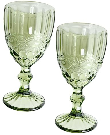 OFFSCH 2pcs Green 260ml Vintage Embossed Glass Wine Goblets Multi-Function Stylish Dinner Goblets for Cocktail Parties and Home Decoration