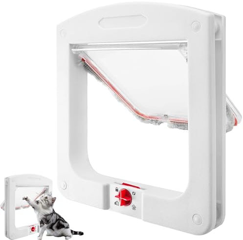 Mritrit Katzentür, Katzenklappe mit 4 Wege Schloss 22×20×3cm Einfache Installation Sicherheits Haustier Tür, Haustierklappe für Innentür, Außentür, Fenster, Wand (Weiß)
