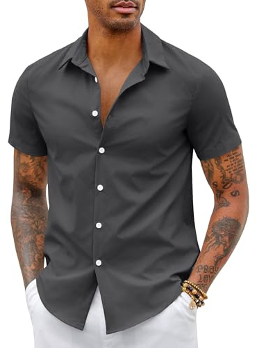 COOFANDY Mens Short Sleeved Shirts Non Iron Dress Shirts Casual Shirts Business Shirts Formal Shirts Work Shirts Slim Fit Shirts Button Up Office Shirts Dark Gray M