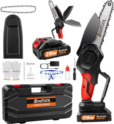 Mini motosierra con 2 baterías de 1500 mAh, minimotosierra de 6 pulgadas, pequeña sierra de podar con batería, sierra de cadena eléctrica para podar, tijeras de podar, corte de madera, naranja