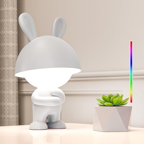 FemKey Nachtlicht Kinder, LED Nachttischlampe Touch Kinder 7 modi RGB Farbwechsel & Warmes Licht, Tischlampe Aufladbar Dimmbar Typ-C, Nachtlampe Kinderzimmer Weiß Hase für Mädchen Junge