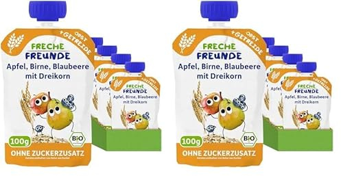 FRECHE FREUNDE Bio Quetschie Apfel, Birne, Blaubeere mit Dreikorn, Fruchtmus mit Getreide im Quetschbeutel für Babys ab dem 6. Monat, vegan, 12er Pack (6 x 100g)