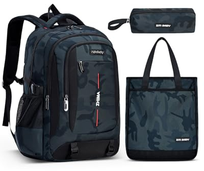 Amythe Mochila Escolar para Adolescente Chico 10-18 Años, Set de Mochila Casual Impermeable Camuflaje con Bolso de Hombro y Estuche para Instituto, Colegio, Universidad,Verde