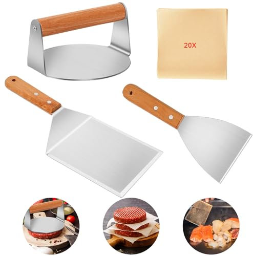 Smash Burger Kit, Presse Burger, Acier Inoxydable Spatule Plancha, avec 20 Papier Steak Haché, Papiers à Hamburger, Professionnel d'Accessoires Barbecue