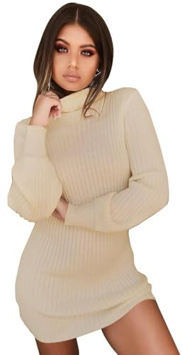 XFSRG Manches Longues Robe Femme Élégantes Sexy Col Roulé Pull Pullover Casual Robes Automne Hiver pour Fête Loisirs Cocktail(Kaki/S)