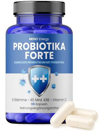 MOVit Probiotika FORTE, Nahrungsergänzung, 9 Stämme mit 40 Mrd. KBE plus Vitamin C & Präbiotikum, Für Erwachsene, Kinder, Schwangere, Unterstützt Verdauung & Immunsystem - 90 Kapseln