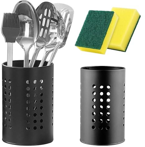 QUIIEOSKIA 2 Pcs Kitchen Stainless Steel Cooking Utensil Holder, Black Utensil Holder, for Kitchen Countertop Organizer, Cutlery Holder, with 2 Cleaning Sponges