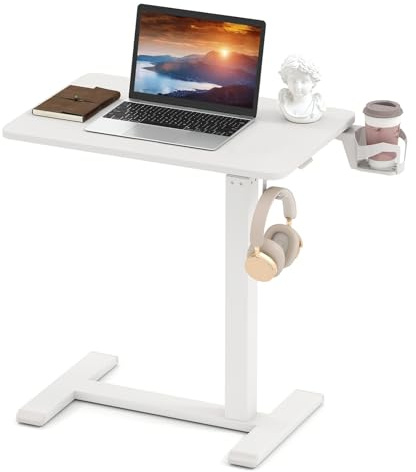 LIFEZEAL Betttisch höhenverstellbar, Mobiles Stehpult mit Rollen, Beistelltisch Krankenhausbetttisch mit Getränkehalter, Kopfhörerhaken, Laptoptisch für Zuhause, Büro, Krankenhaus (Weiß) | Bett-Seitentisch mit versteckten Rädern, Getränkehalter und Kopfhörerhaken