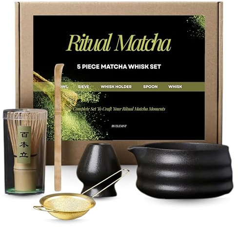 Matcha Whisk Set, 5 Pcs Matcha Kit for Ceremony, 500ml Ceramic Matcha Bowl, Matcha Tea Set for Making Breakfast/Matcha Latte, Bamboo Matcha Whisk (Chasen), Matcha Lover Gift (Black)