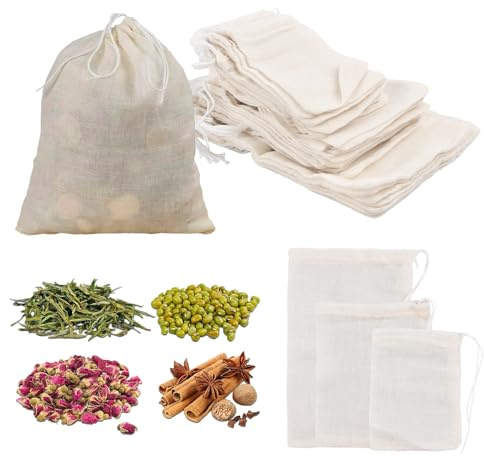 50 Pezzi Sacchetti per Spezie, Bustine per Tè Sfuso con Coulisse, Sacchetti di Cotone per Cucinare, 3 Misure, Riutilizzabili, da Riempire Autonomamente, per Filtro da tè, Caffè, Cucina