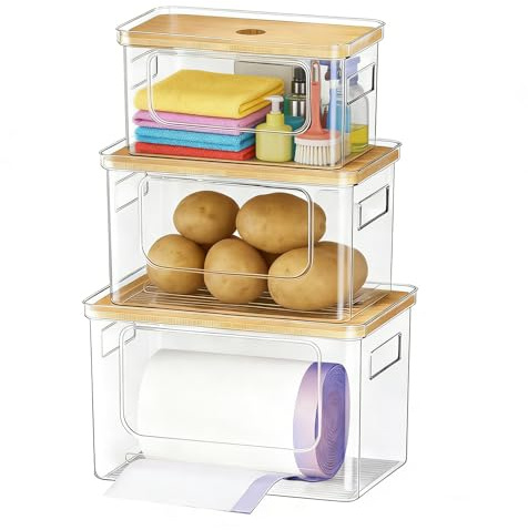 Tatqilo 3 Pack Trash Bag Dispenser, Stackable Trash Garbage Holder with Bamboo Lid, Clear Plastic Under Sink Organizers and Storage Box, Large Garbage Bags Organizer for Home Kitchen, Pantry, Laundry