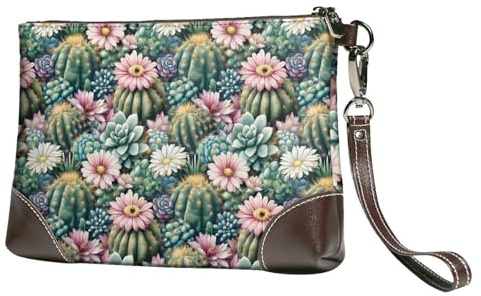 Small Clutch Purses for Women - Daisy Flower Cactus Print Leather Fashion Wristlet Wallets with Wrist Strap