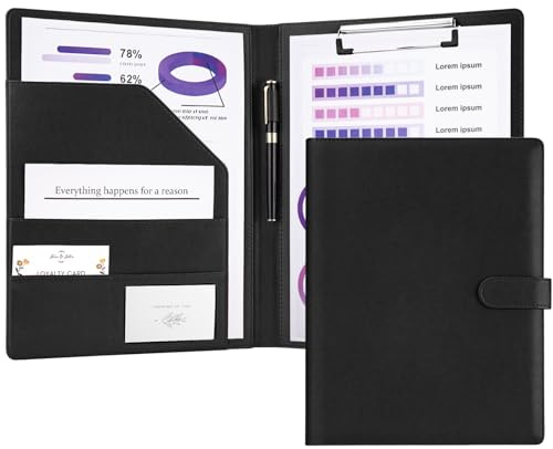 JEFURE A4 skrivmapp klämbräda, klämbrädemapp A4 med lock, dokumentfack, pennhållare och magnetisk stängning, PU-läder konferensmapp för kontor, skolor (svart)