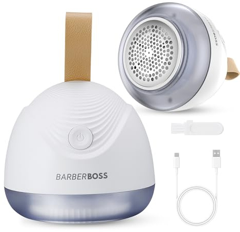 BarberBoss Electric Lint Remover, Rechargeable Fuzz remover for Clothes, Powerful Blade System & Transparent Wool Container, 90-Minute Cordless Fabric Shaver, QR-3101, White