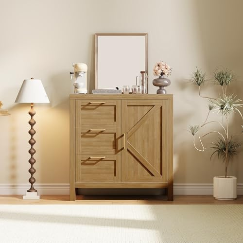 OPULENTHOME Armario buffet de madera, aparador con 3 cajones y estantes ajustables, mesa consola con patas de madera, para salón, comedor y cocina, 76 x 40 x 90 cm, color nogal