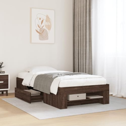 Ordellia Sängram brun ek 100 x 200 cm, trämaterial, med ribbotten, förvaringslådor och fack, robust plattformssäng för sovrum, hållbara möbler