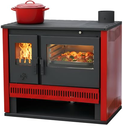 ALAZ GTM Kaminofen Holzofen 15 kW – Burgunderrot | Dauerbrandofen mit Koch- & Backfunktion | Schamott-Brennkammer, Sichtfenster | Für Haus & Hütte