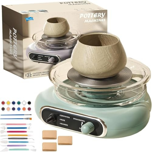 Mini-Töpferscheibe für Kinder und Erwachsene, Komplettes Töpfer-Set mit Fußpedal und Werkzeugen, stufenlose Geschwindigkeitsregelung, abnehmbar zur Reinigung, für Anfänger DIY-Tonkunst Green